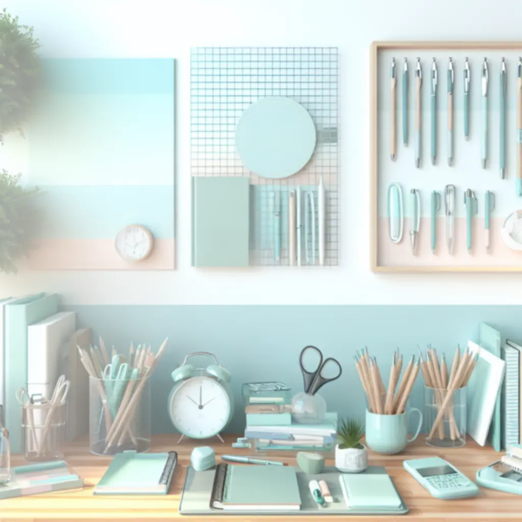 Modern asztali elrendezés: rendezett írószer, letisztult monitor és pasztell kiegészítők.